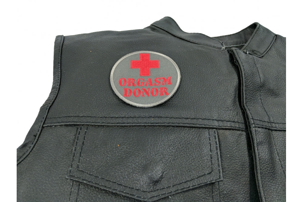 Orgasm Donor Patch – Humorous Embroidered Iron-On Patch for Jackets & Gear  ( 3 x 3 inches )